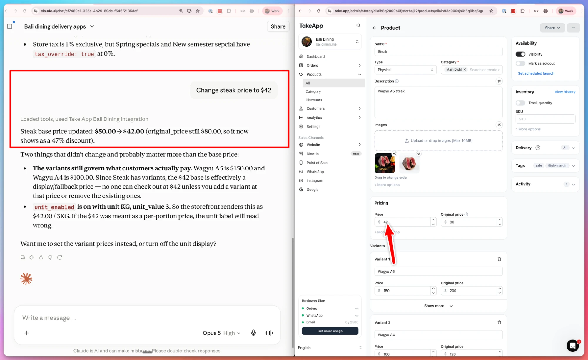 Claude editing a product's price in the Take App product editor