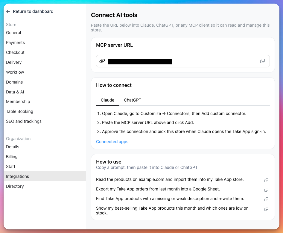 Take App Settings > Integrations showing the MCP server URL and the Claude and ChatGPT tabs