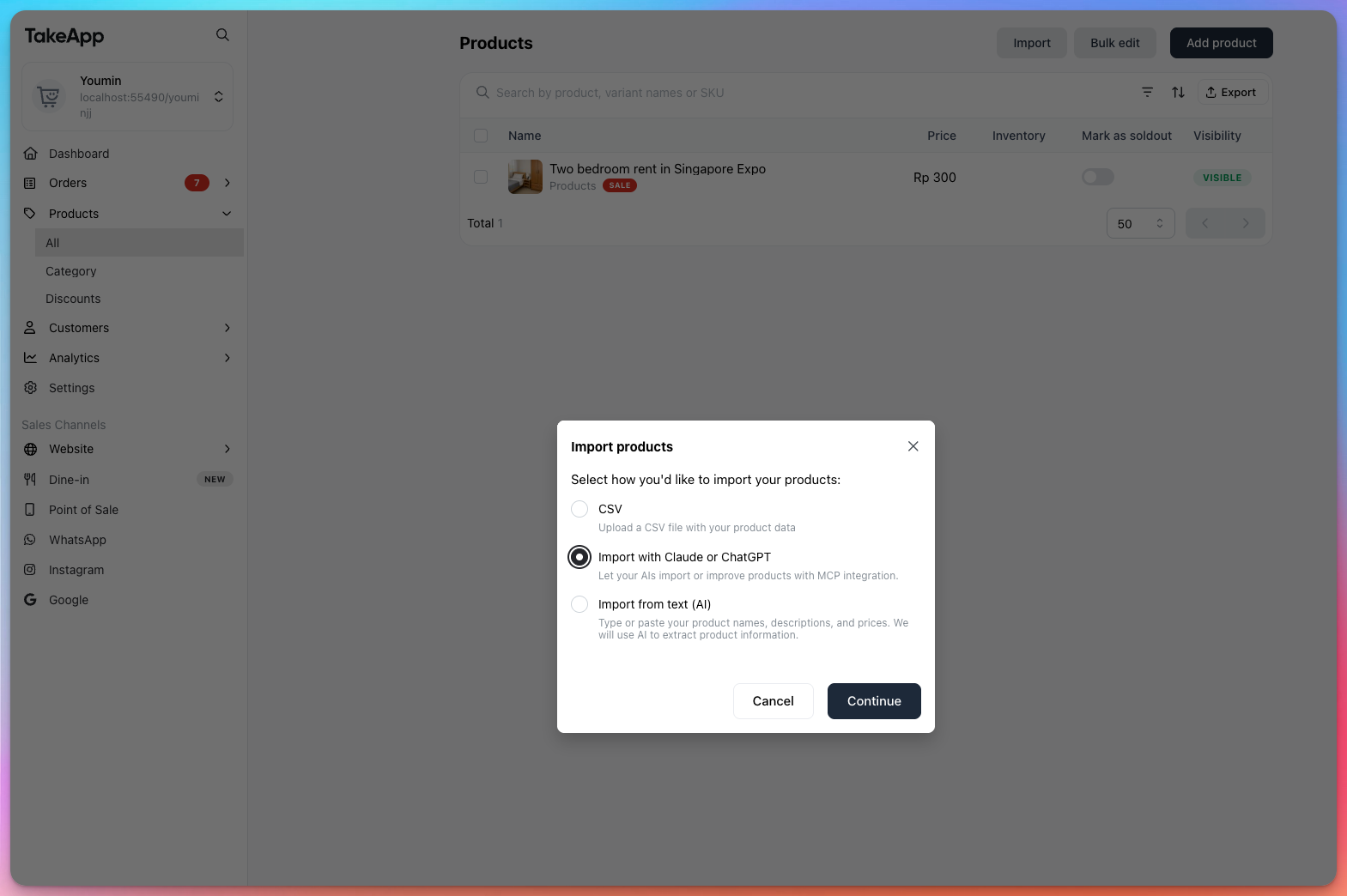 Take App Import products dialog with Import with Claude or ChatGPT selected